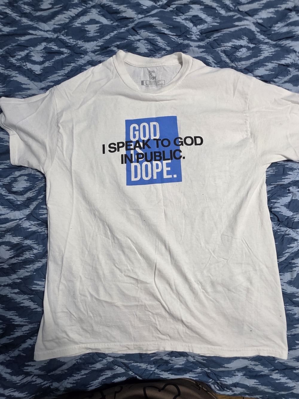 God Is DOPE White Graphic Tee with Blue Box and Black Text Women's Large.